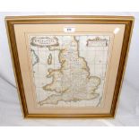 A 1611 John Speed hand coloured Isle of Wight map with glazed back and scripture - 40cm x 52cm