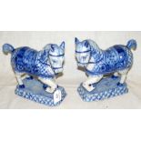 Pair of 21cm Delft polychrome blue and white model horses