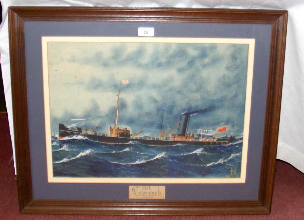 CHARLES C. HYATT - 36cm x 50cm gouache - portrait of the steamship SS "Laverock" - signed with