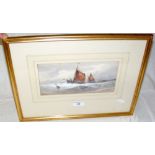 19th century watercolour - fishing vessels in rough seas - 11cm x 24cm