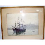 AUGUSTUS MORTON HELY-SMITH - 35cm x 47cm watercolour - three-masted ships moored in an estuary -