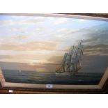TERENCE STOREY (RSMA) - an oil on canvas of three masted ship in The Solent - 45cm x 60cm
