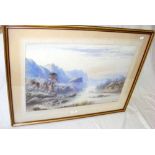 E. HERRING - watercolour of fishing boats and animals in mountain river landscape - signed and dated