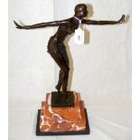 An Art Deco style bronze figure of a female dancing on stepped marble base - 48cm high overall