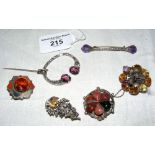 A collection of six assorted vintage Scottish agate and other brooches