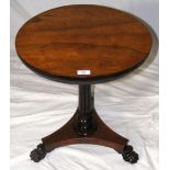 A Victorian rosewood wine table on shaped and reeded centre column, shaped platform base terminating