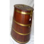 A brass bound teak naval rum barrel with heavy hasp and staple - 92cm high