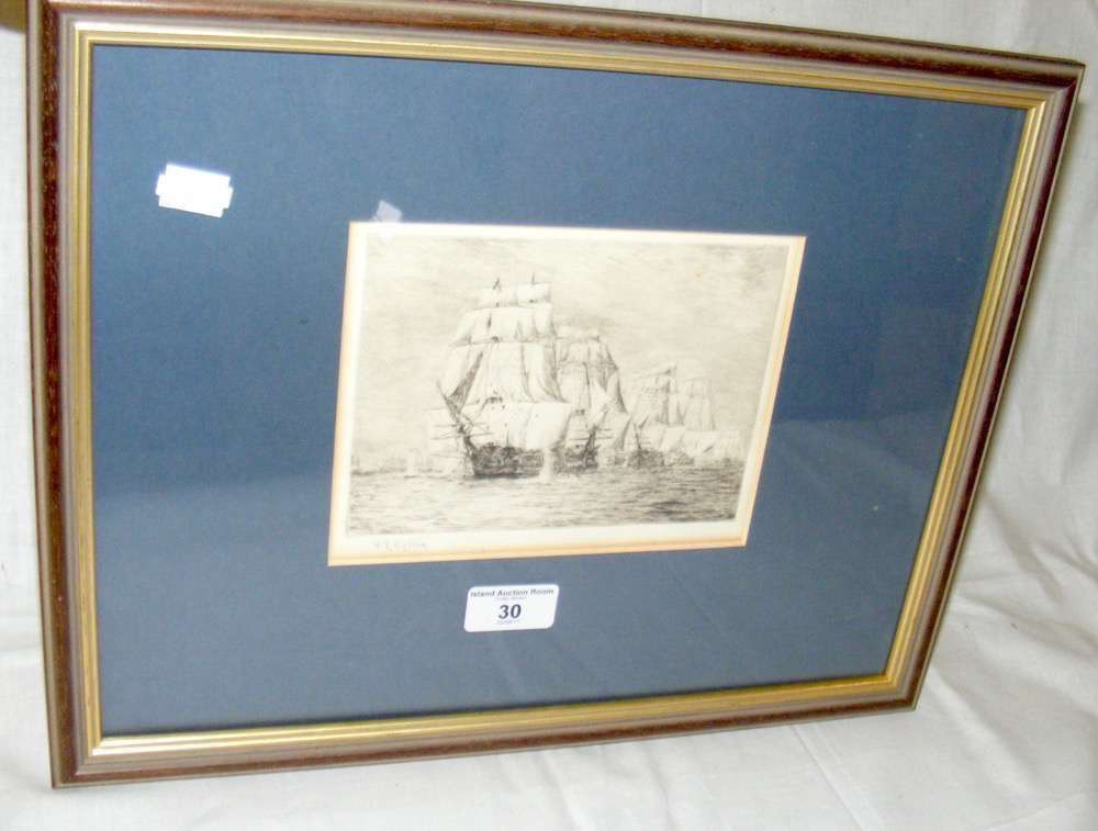 WILLIAM WYLLIE - an etching of "Victory" taking fire - signed in pencil by the artist - 13cm x 17cm