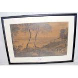 MANNER OF J M W TURNER - 22cm x 35cm pencil drawing with figures in landscape to the foreground,