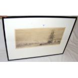 WILLIAM WYLLIE - an etching of HMS "Victory" firing a salute in Portsmouth Harbour - signed in