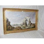 H.K. TAYLOR - 19th century oil on canvas of the Arch Rock, Isle of Wight with fishermen on the shore