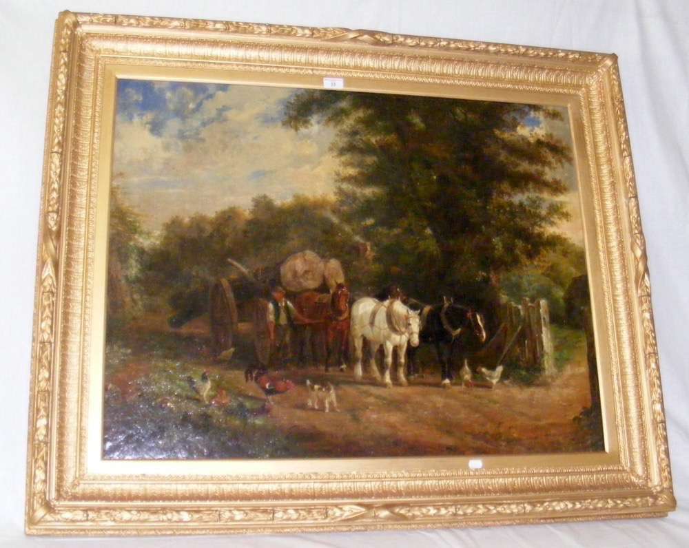 SAMUEL J. CLARK - 19th century oil on canvas of rural horse and cart scene with dog and chickens