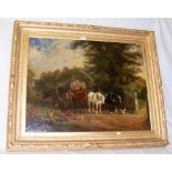 SAMUEL J. CLARK - 19th century oil on canvas of rural horse and cart scene with dog and chickens