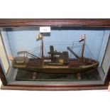 Handmade wooden model of steamship in glazed case - 38cm x 58cm