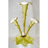 A 1920's yellow/green glass three-branch epergne