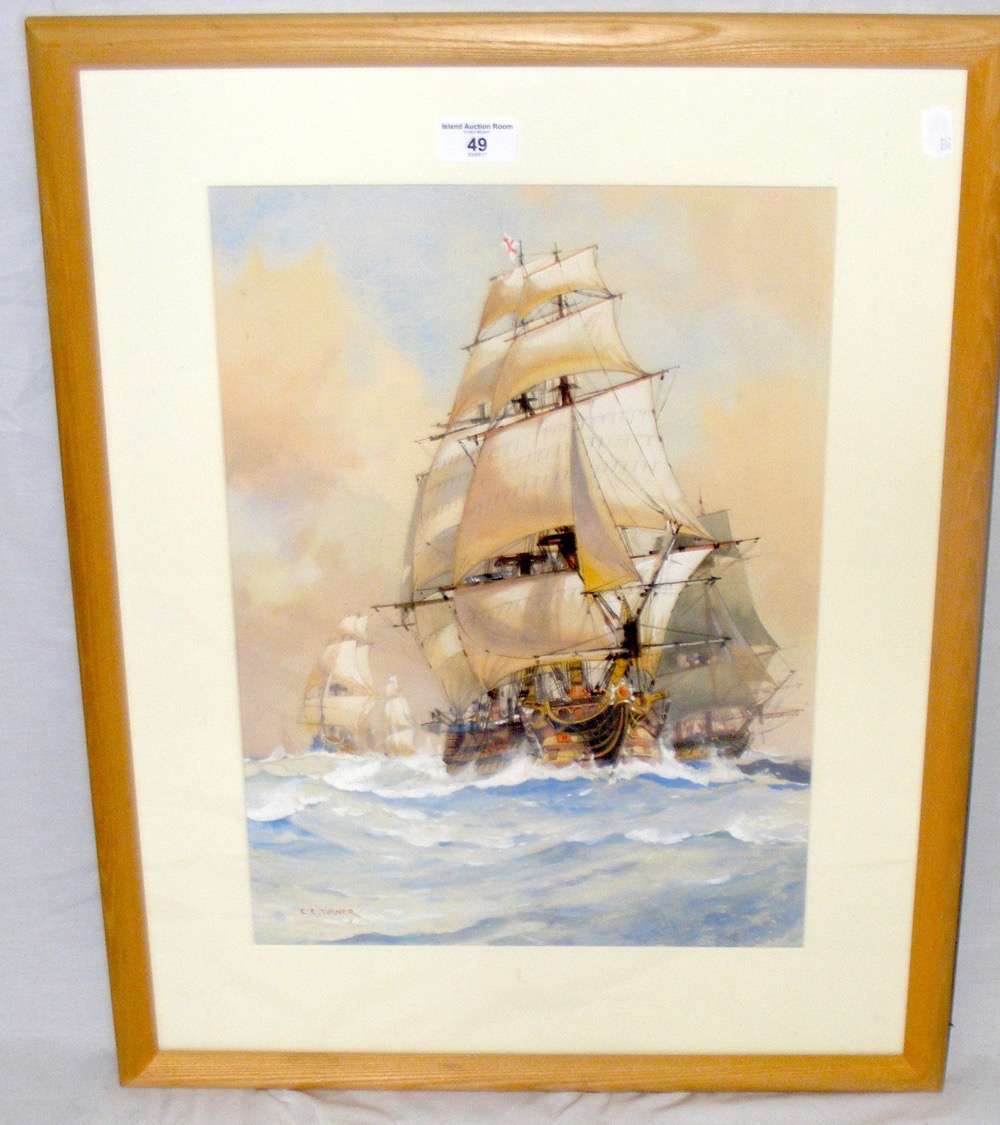 CHARLES EDDOWES TURNER - 44cm x 31cm watercolour - HMS "Victory" heading the Fleet in rough seas -