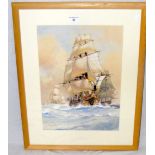 CHARLES EDDOWES TURNER - 44cm x 31cm watercolour - HMS "Victory" heading the Fleet in rough seas -