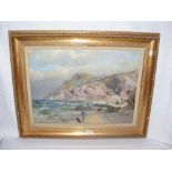 EARLY 20TH CENTURY ENGLISH SCHOOL - 41cm x 56cm oil on board - rocky shoreline scene with man and