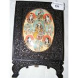 A group of nine finely painted Indian miniature portrait paintings in oval setting on carved easel