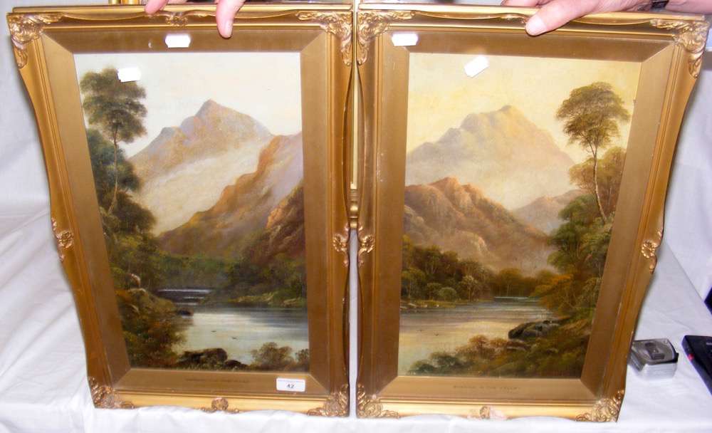 ALFRED DE BREANSKI JUNIOR - pair of river and mountain landscapes - oils on board and signed "