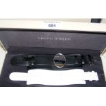 A Georg Jensen "Vivanna" wrist watch with interchangeable black and white straps - in original box