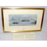 FRANK W. WOOD - 14cm x 34cm watercolour - the paddle steamer "Shanklin" and Naval and other shipping