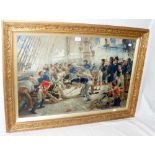 An antique coloured print - naval battle scene - in decorative gilt frame - 56cm x 82cm