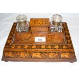 A decorative Tunbridge ware two bottle desk pen/inkstand - 26cm x 18cm