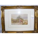 MANNER OF MYLES BIRKET FOSTER - 14.5cm x 22.5cm watercolour - children playing with horse in rural