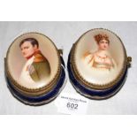 A pair of continental porcelain boxes and covers, with hand painted portraits of Napoleon and