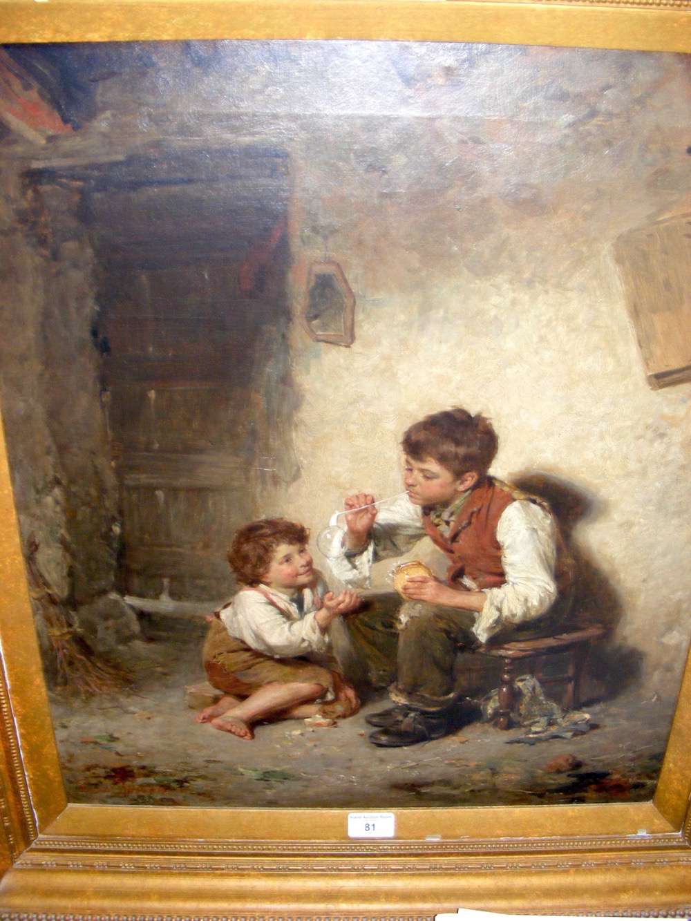 EDWIN THOMAS ROBERTS - 60cm x 48cm - oil on canvas "Blowing Bubbles" with signature bottom left