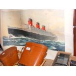 Binoculars, HMS Aboukir cigarette case, together with sea charts and Cunard posters