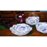Cranberry glass jug and bowls, together with Spode blue and white ware
