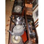 Two wooden boxes containing collectables, including postal scales, jewellery box, etc.