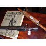 A sword bayonet with metal scabbard, together with "Australia at War" drawing book, etc.