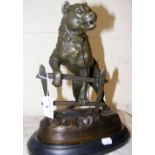 reproduction bronze figure of fierce dog on fence - stamped C.VALTON - 30cm high