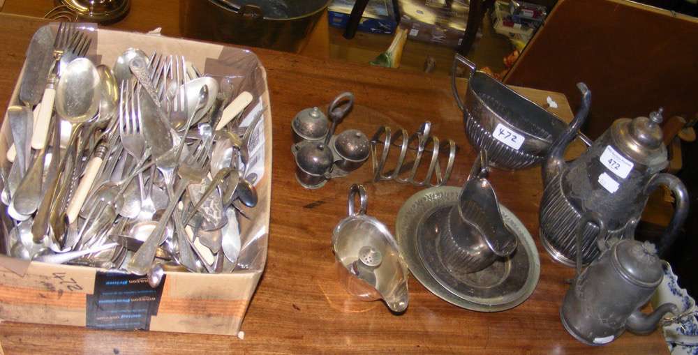 Silver plated teaset, cutlery, etc.