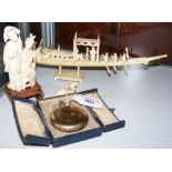 A gent's full hunter pocket watch, together with carved ivory figures and boat