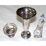 Silver trumpet vase, silver bonbon basket and a silver neck scent bottle