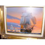 IVAN BERRYMAN - an oil on canvas - British man-of-war in fleet formation at sunset - 30cm x 40cm