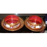A pair of Moser style decorative hand-painted cranberry glass bowls/dishes