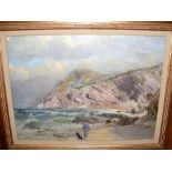 EARLY 20TH CENTURY ENGLISH SCHOOL - 41cm x 56cm - oil on board - rocky shoreline scene with man