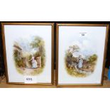 S M SCOTT - pair of paintings on porcelain - country maiden scenes