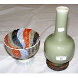 An old Chinese Celadon vase on stand - 27cm high, together with an oriental footed bowl