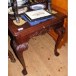 Two antique style occasional tables with cross banded tops and carved cabriole supports