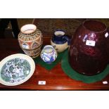 Cranberry glass vase, together with other collectable ceramic ware