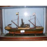 Handmade wooden model of steamship in glazed case - 38cm x 58cm