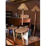 Pair of country stools, together with a pair of bamboo standard lamps