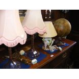 Three table lamps, together with an old geographia terrestrial globe