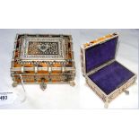 Indian tortoiseshell and bone decorated jewellery box with key